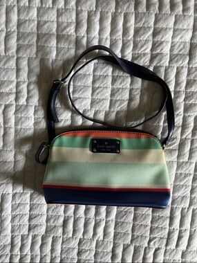 Kate Spade Navy, Cream, Mint & Coral leather Striped Crossbody Bag.